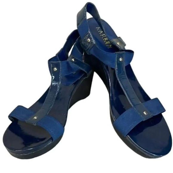 Lauren Ralph Lauren Navy Blue Patent Leather Strappy‎ Wedges Size 10B - Picture 1 of 8